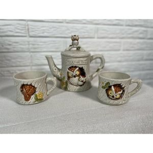 Vintage Enesco Owl Tea For Two Set Tea Pot With Lid 2 Mugs Stackable Retro 1977